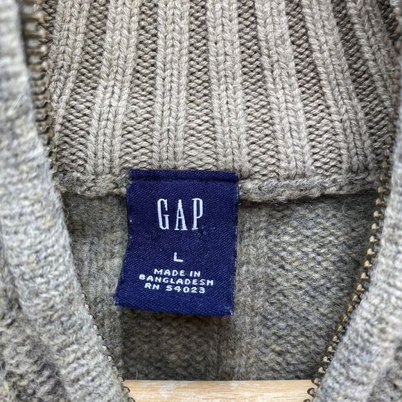 GAP Sweater Men's Large Beige VTG Lambswool Cable Knit Mock Neck 1/4 Zip Preppy - Picture 5 of 16